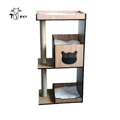 multi-level mdf cat wood sisal tree house condo scratching post manufacture fabric for sale